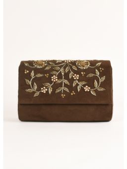 KALKI FASHION - Espresso Brown Clutch Suede with Zardosi Embellished Floral Motifs Online