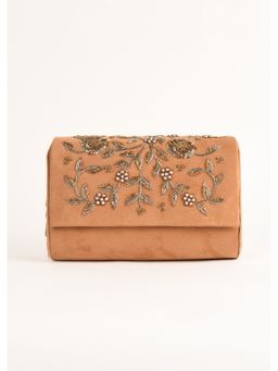 KALKI FASHION - Camel Beige Clutch Suede with Zardosi Embellished Floral Motifs Online