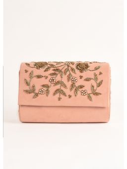 KALKI FASHION - Pinkish Peach Clutch Suede with Zardosi Embellished Floral Motifs Online