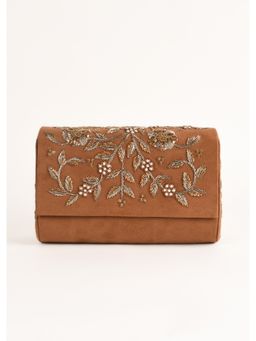 KALKI FASHION - Pecan Brown Clutch Suede with Zardosi Embellished Floral Motifs Online