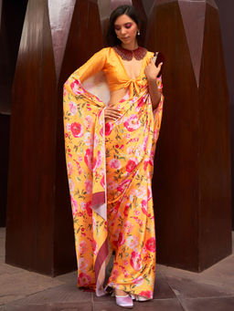 Odette - Festive Mustard Satin Printed Saree with Unstitched Blouse