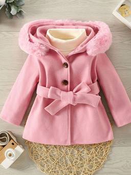 Hopscotch - Girls Pink Polyester Long Coat with Belt