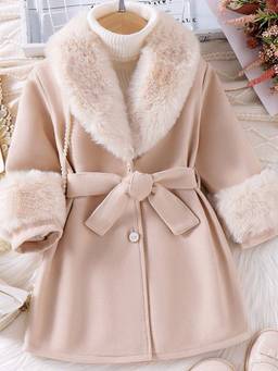 Hopscotch - Girls Beige Polyester Long Coat with Belt