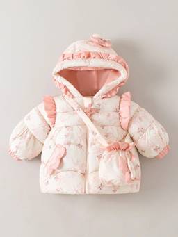 Hopscotch - Girls Peach Polyester Long Coat with Handbag