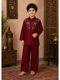 Superminis - Boys Maroon Cotton Kurta with Pyjama