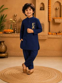 Superminis - Boys Navy Blue Cotton Kurta with Pyjama