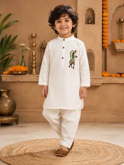 Superminis - Boys Off White Cotton Kurta with Pyjama