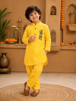 Superminis - Boys Yellow Cotton Kurta with Pyjama