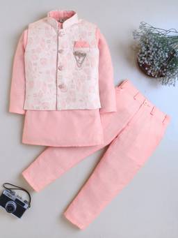 BT DEZINES - Boys Pink Cotton Blend Kurta with Trouser and Waistcoat