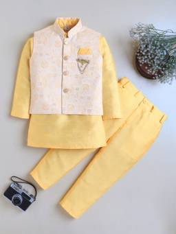 BT DEZINES - Boys Yellow Cotton Blend Kurta with Trouser and Waistcoat