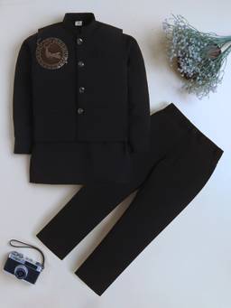BT DEZINES - Boys Black Cotton Blend Kurta with Trouser and Waistcoat