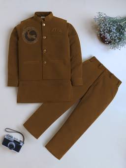 BT DEZINES - Boys Brown Cotton Blend Kurta with Trouser and Waistcoat