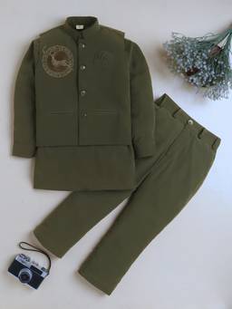 BT DEZINES - Boys Olive Cotton Blend Kurta with Trouser and Waistcoat