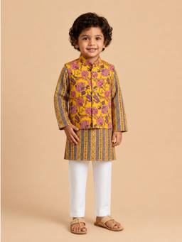 The Mom Store - Boys Mustard Cotton Kurta with Pyjama and Jacket