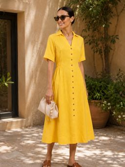 Little Mistress - Women Solid Yellow Collared Short Sleeve Smocked Midi Dress