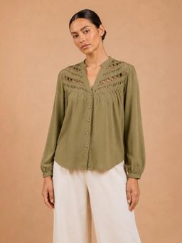 Little Mistress - Women Olive Lace and Pleated Detail Long Sleeve Macrame Design Top