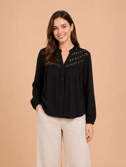 Little Mistress - Women Black Lace and Pleated Detail Long Sleeve Macrame Design Top