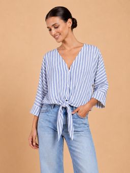 Little Mistress - Women Light Blue Stripe Print V- Neck Tie-Knot Detail Dobby Top