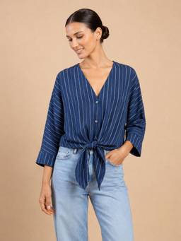 Little Mistress - Women Dark Blue Stripe Print V- Neck Tie-Knot Detail Dobby Top