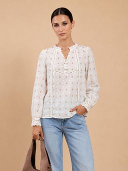 Little Mistress - Women White Lace Detail Long Sleeve Cotton Jacquard Top