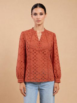 Little Mistress - Women Rust Lace Detail Long Sleeve Cotton Schiffli Top