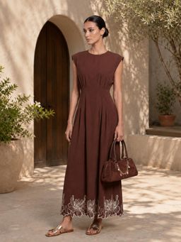 Little Mistress - Women Brown Round Neck Embroidered and Pleated Detail Sleeveless Dress