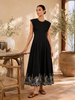 Little Mistress - Women Black Round Neck Embroidered and Pleated Detail Sleeveless Dress