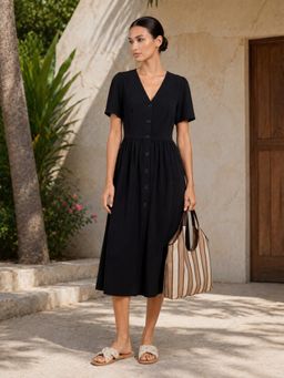 Little Mistress - Women Black V-Neck Short Sleeve Pleated Detail Cotton Linen Midi Dress