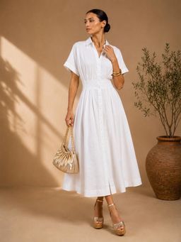 Little Mistress - Women Solid White Collared Short Sleeve Pleated Detail Cotton Linen Dress