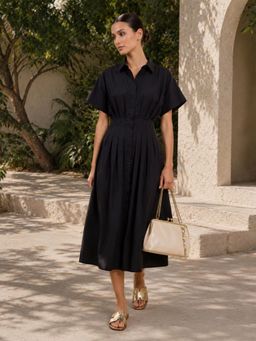 Little Mistress - Women Solid Black Collared Short Sleeve Pleated Detail Cotton Linen Dress
