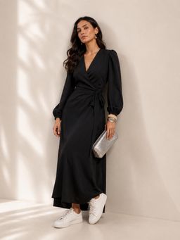 Little Mistress - Women Solid Black V-Neck Long Sleeve Wrap Dress