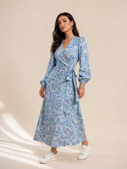 Little Mistress - Women Blue Floral Print V-Neck Long Sleeve Full-Length Wrap Dress