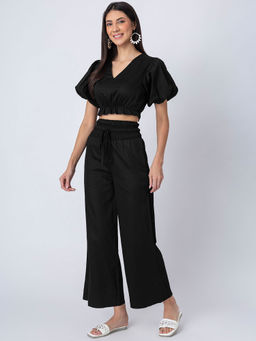 Moomaya - V-Neck Black Cotton Co-Ord (Set of 2)