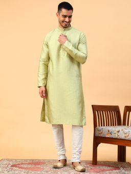 TABARD - Printed Blended Fabric Green Full Sleeves Ethnicwear Kurta For Men (Set of 2)