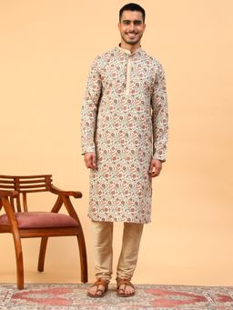 TABARD - Printed Cotton Beige Full Sleeves Ethnicwear Kurta For Men (Set of 2)