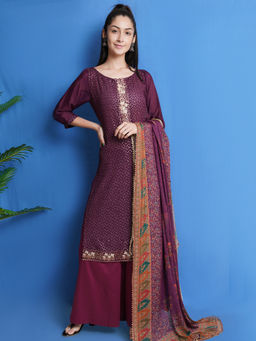 Stylee LIFESTYLE - Wine Chinon Chiffon Embroidered Dress Material (Set of 3)