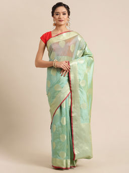 Banarasi Silk Works - Bright Woven Saree Green with Unstitched Blouse