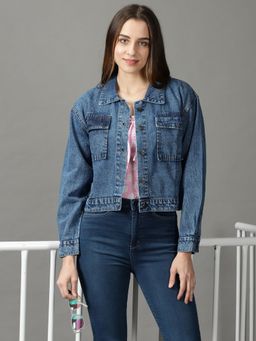 SHOWOFFFF - Women's Spread Collar Solid Blue Open Front Jacket