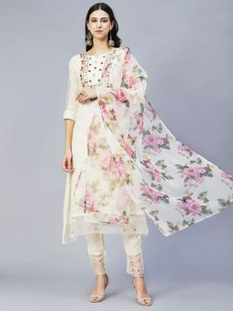 FASHOR - Lurex Striped & Embroidered Kurta With Pant & Dupatta-off White (Set of 3)