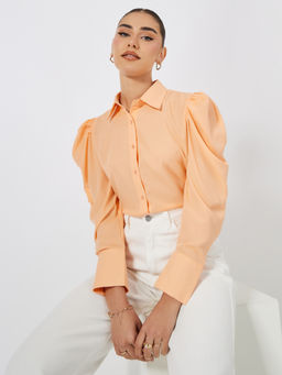 Styli Elevate - Women Peach Solid Puff Sleeves Shirt