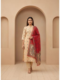 Gahan - Chiku Cambric Cotton Kurta Pant with Mandarin Collar and Kota Check Dupatta