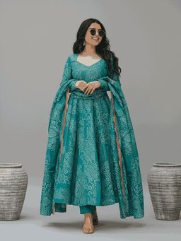 Gahan - Womens Printed Muslin Anarkali Kurta and Pant with Dupatta
