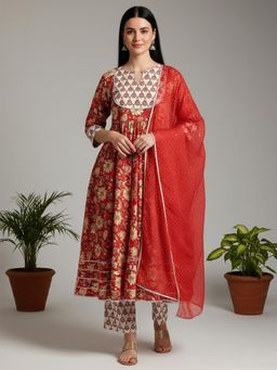 Gahan - Womens Printed Muslin Anarkali Kurta and Pant with Dupatta