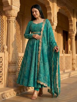 Gahan - Womens Printed Muslin Anarkali Kurta and Pant with Dupatta