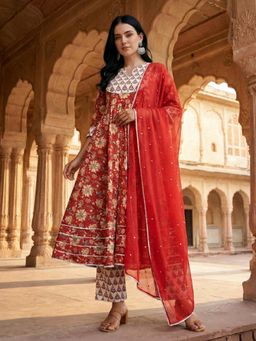Gahan - Womens Printed Muslin Anarkali Kurta and Pant with Dupatta