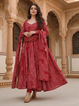 Gahan - Womens Printed Muslin Anarkali Kurta and Pant with Dupatta