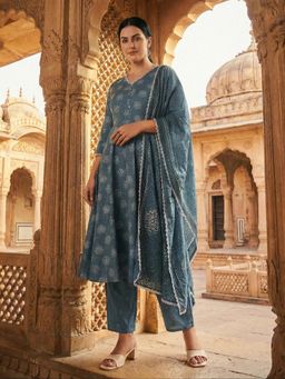 Gahan - Womens Cotton Blend Fabric Printed Anarkali Kurta Pant With Dupatta