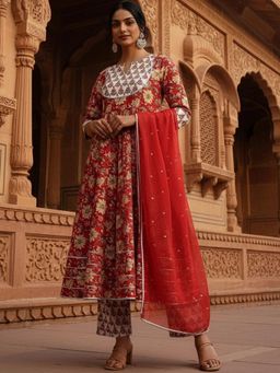Gahan - Womens Printed Muslin Anarkali Kurta and Pant with Dupatta