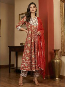 Gahan - Womens Printed Muslin Anarkali Kurta and Pant with Dupatta
