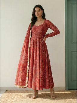 Gahan - Womens Printed Muslin Anarkali Kurta and Pant with Dupatta